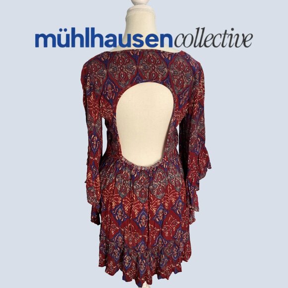 Boho Open Back Mini Dress | Red & Blue Print | Flowy Bell Sleeve | - Picture 2 of 2